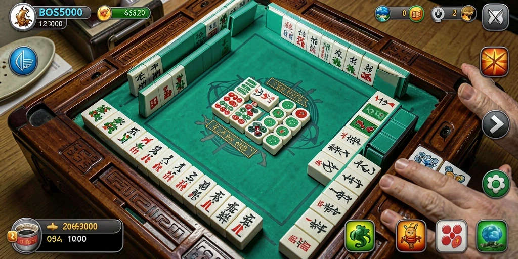 Tampilan utama BOS5000 menunjukkan meja Mahjong yang memikat dan fitur gameplay yang menarik.