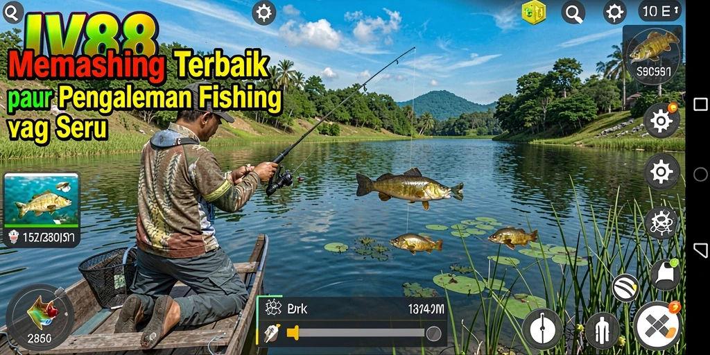 Screenshot gameplay JV88 menunjukkan aksi memancing yang seru dan menantang.