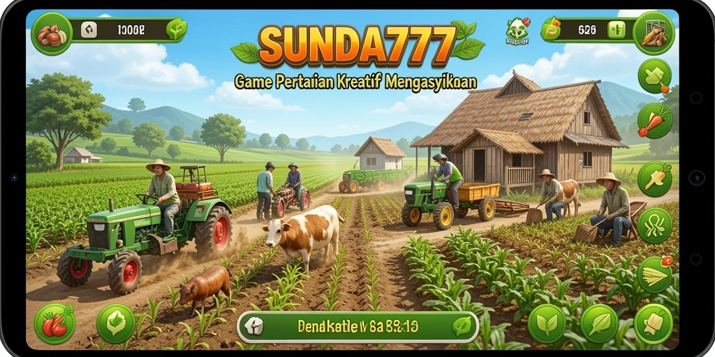 Tangkapan layar utama SUNDA777 menunjukkan pemain mengelola ladang pertanian yang subur.